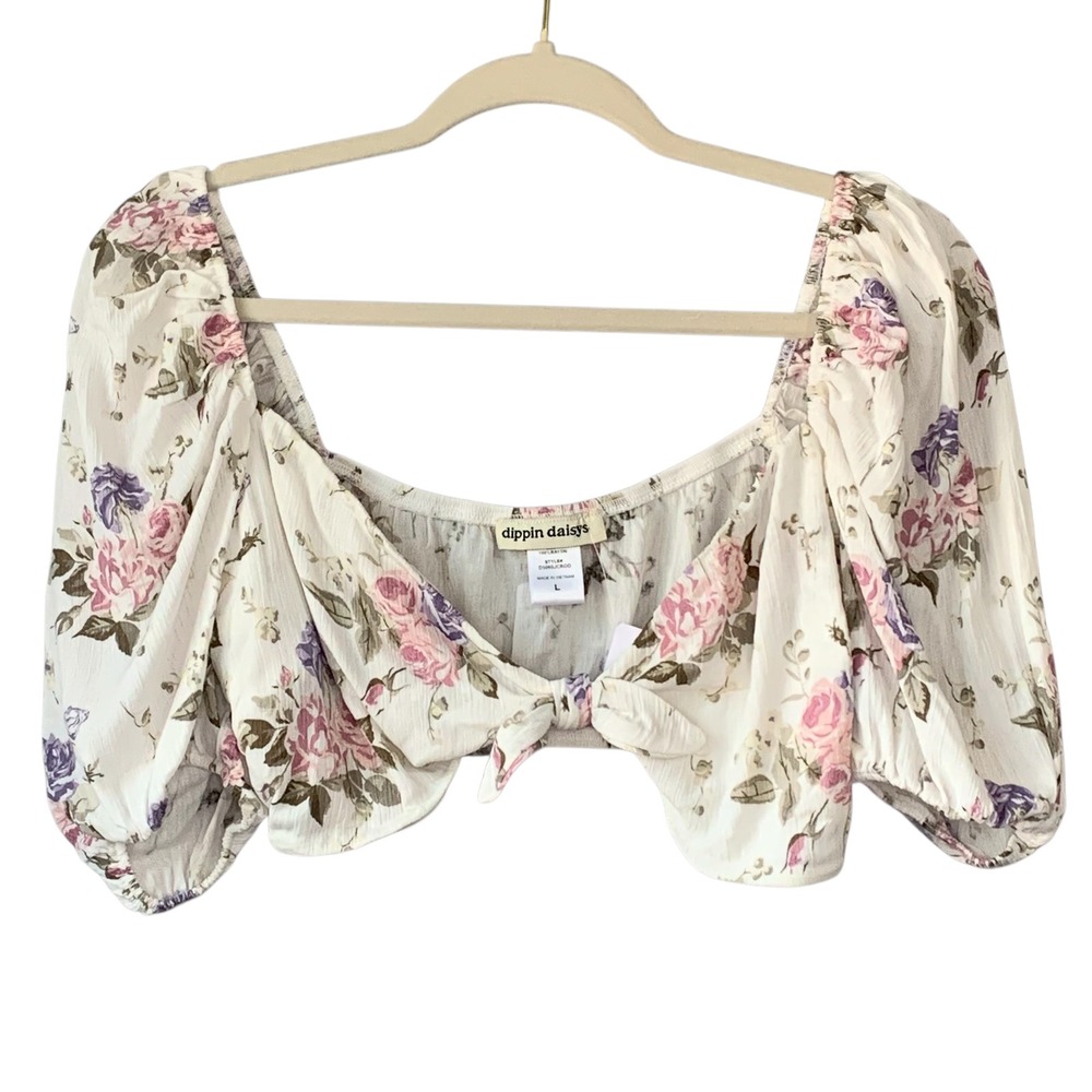 Dippin Daisys Floral Crop Top Tie Front Puff Sleeve Cottagecore Large